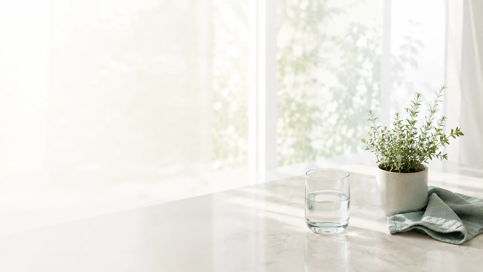 Vaso de agua y una planta medicinal en maceta sobre una superficie clara, junto a un ventanal